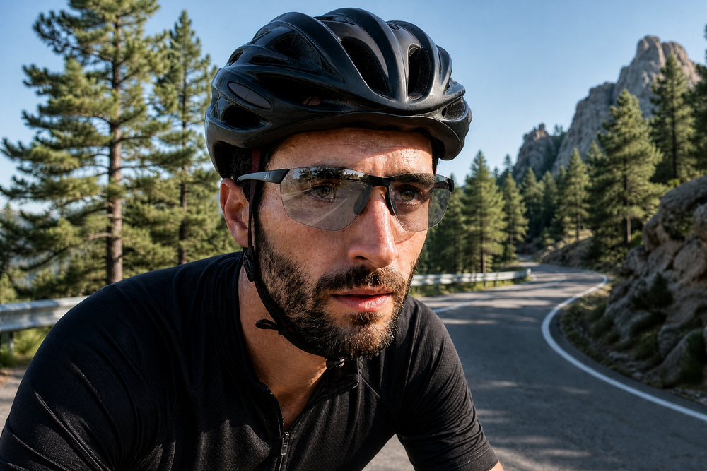 A close-up of a male cyclist wearing a black helmet, clear visor sunglasses, and a black cycling jersey, riding on a winding mountain road with pine trees and rocky cliffs in the background.