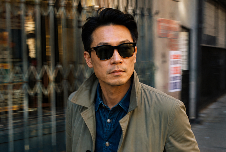 A man wearing dark sunglasses, a beige trench coat over a blue button-down shirt, standing on a city sidewalk in front of a metal gate.